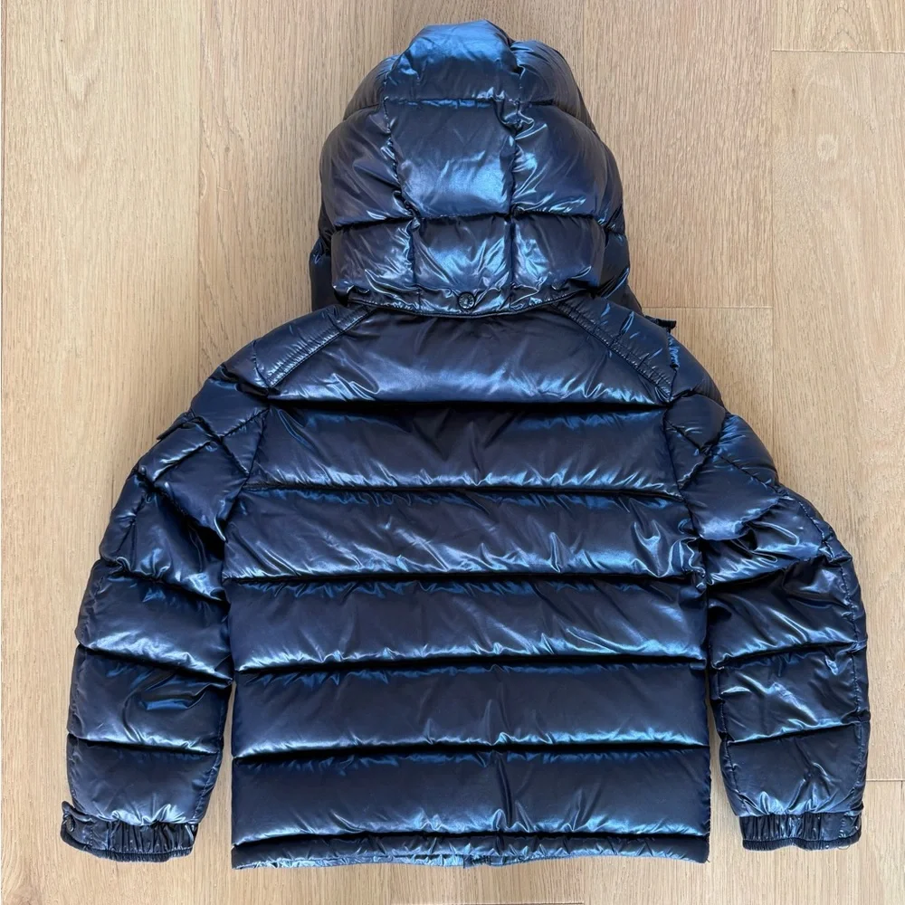 Moncler New Maya Down Jacket in classic navy blue, boys size 8.